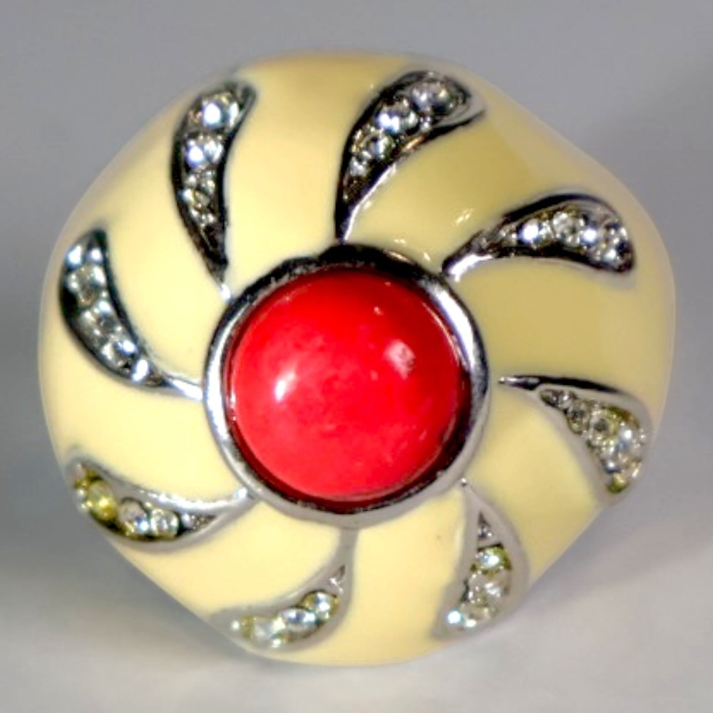 Swarovski Crystal Red Cabochon Cream Enamel Sterling Silver Overlay Ring Size 8